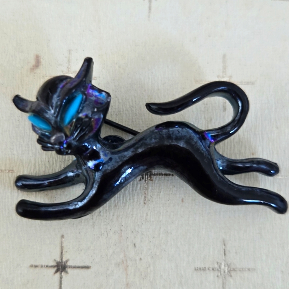 Vintage Pair of Iridescent Black Cat Scatter Pins w/ Red Eyes and Blue Eyes - Picture 3 of 5